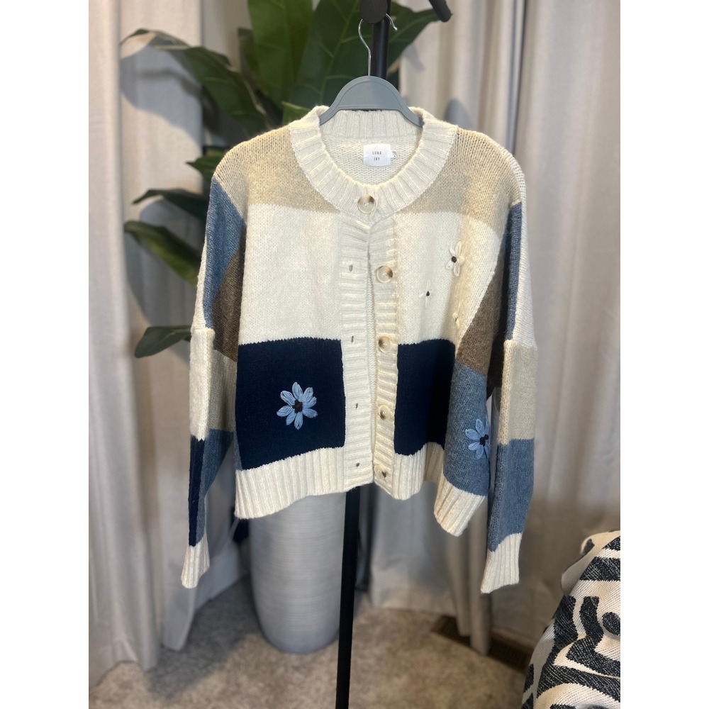 Luna Ivy Womens Patchwork Embroidered Floral Cardigan Sweater Blue Cream Size M